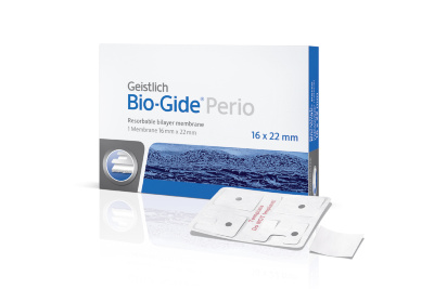 Bio-Gide PERIO 16x22mm Резорбируемая коллагеновая мембрана Bio-Gide обладает барьерной функцией. Контролируя скорость проростания мягких тканей, био гайд поддерживает оптимальный процесс формирования костной ткани. Благодаря своему составу и двуслойной структуре мембрана Bio-Gide способствует быстрой васкуляризации и регенерации мягких тканей, обеспечивая прекрасное заживление послеоперационной раны.
Вариация мембраны - Bio Gide Perio, она обладает более гладкой и более плотной структурой, что дает дополнительное время для позиционирования мембраны. С помощью стерильного шаблона, который идет в комплекте, можно быстрее адаптировать мембрану под форму зоны дефекта.